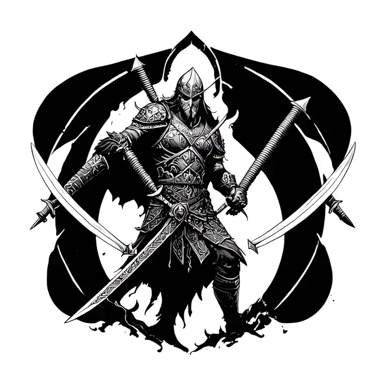 warrior with two swords tattoo design idea