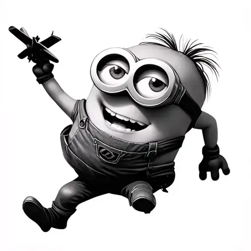 A playful minion waves a toy airplane and pretends to send it flying into the sky tattoo design idea