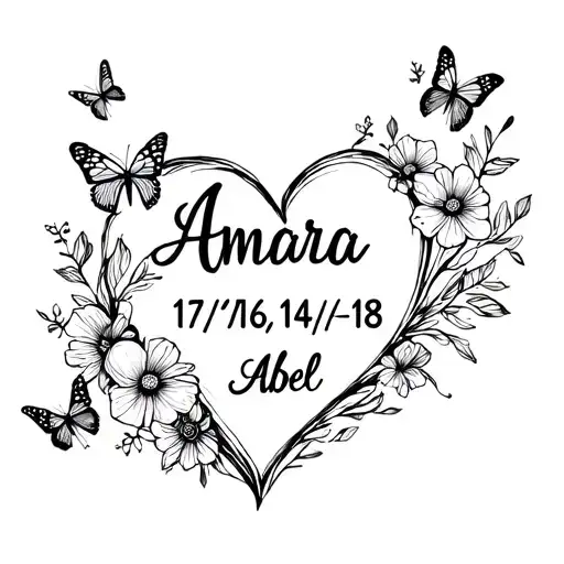 "Amara 17/7/16 Abel 14/12/18 " a heart with butterflies and flowers coming out of it  tattoo design idea