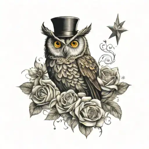owl against the background of a five-headed star and a plush bunny with a bouquet of flowers tattoo design idea