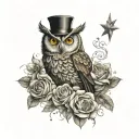 owl against the background of a five-headed star and a plush bunny with a bouquet of flowers tattoo design idea