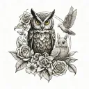 owl against the background of a five-headed star and a plush bunny with a bouquet of flowers tattoo design idea