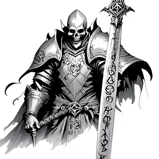 A death knight in armor with runes and skulls engraved on it, with a cursed sword with runes like those on Frostmorn, al tattoo design idea