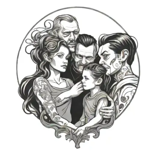 3 daughters with dad outline tattoo design idea