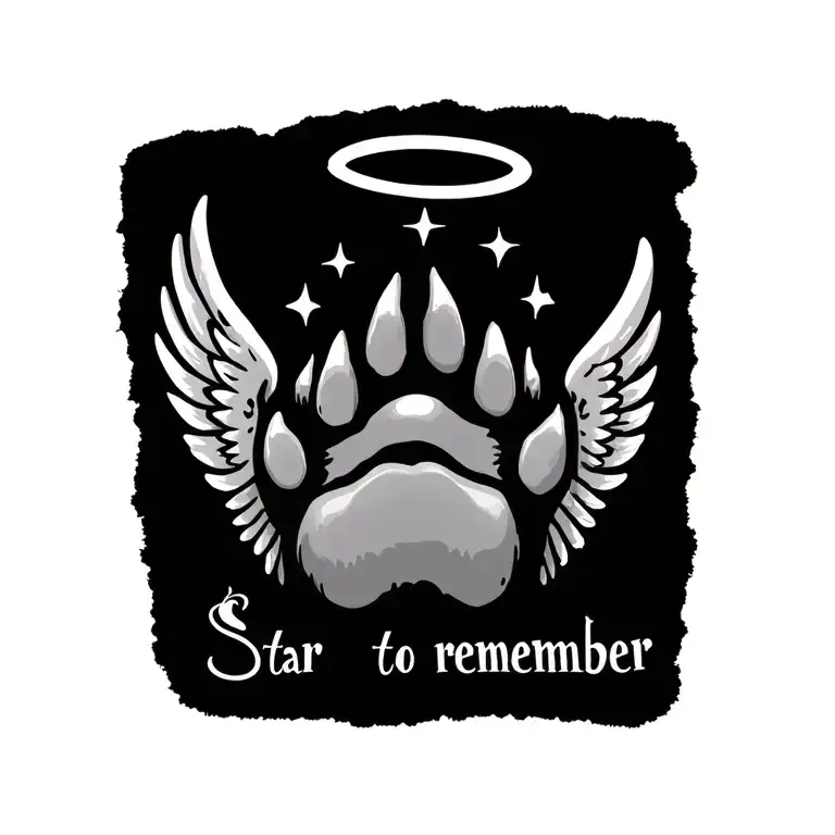 A dogs paw print with small wings beside it and a halo above with some extra detail and the name Star below to remember  tattoo design idea