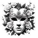 Venetian mask with roses and cherry blossoms falling tattoo design idea