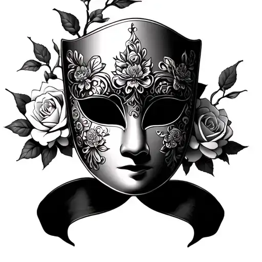 Venetian mask with roses and cherry blossoms falling tattoo design idea