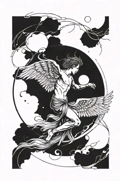 Icarus falling from the sky with an enso circle in the background tattoo design idea