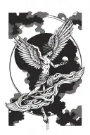 Icarus falling from the sky with an enso circle in the background tattoo design idea