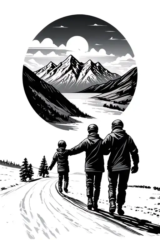 a road leading to mountains, dad and child holdning hands, motorbikes, ice hockey,  tattoo design idea