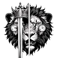a lion head split in half with a sword going through its brain and clocks in its eyes a broken crown on its head tattoo design idea
