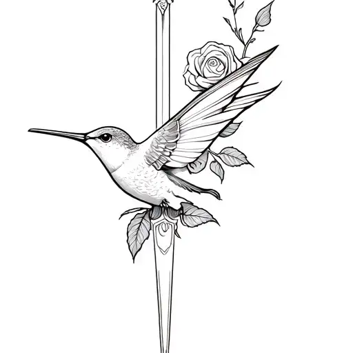 hummingbird with rose and sword tattoo design idea
