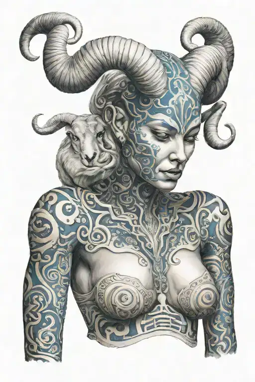 A surreal tattoo design of a woman with a human torso and the lower part of a ram body, named Blue tattoo design idea