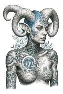 A surreal tattoo design of a woman with a human torso and the lower part of a ram body, named Blue tattoo design idea