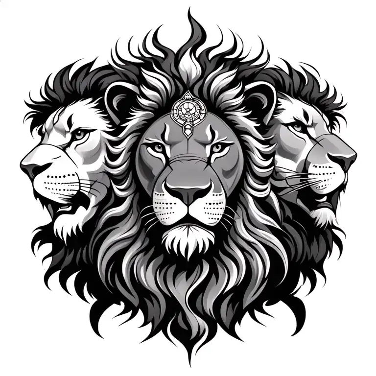 three headed lion looking different sides with ashok chakra  tattoo design idea