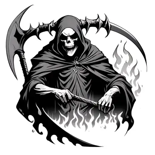 grim reaper with devil horns and a scythe with flames coming out of the eyes and a hell background tattoo design idea