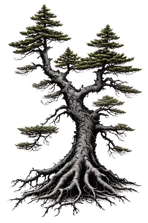 Scot pine tree with roots growing tattoo design idea