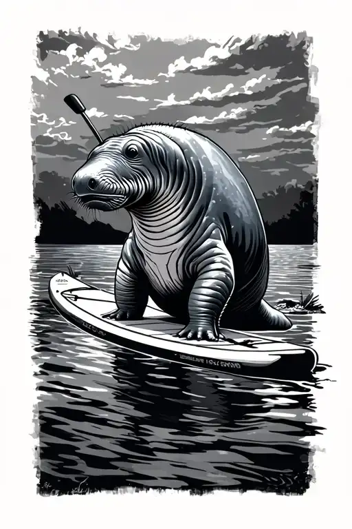 paddleboard with drawing of manatee on it tattoo design idea