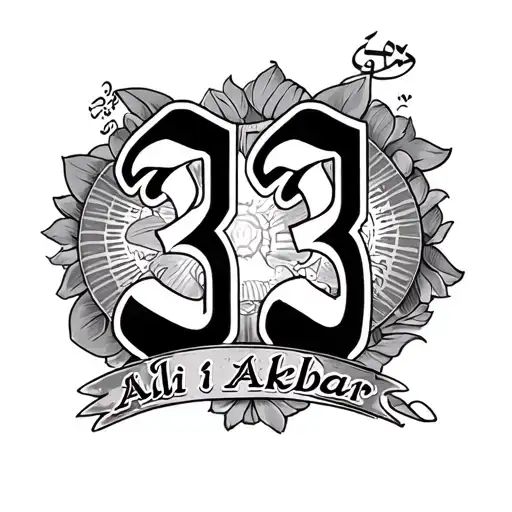 A religious tattoo with 333 written on top and Ali Akbar written on the bottom and a beautiful and religious font for tattoo design idea