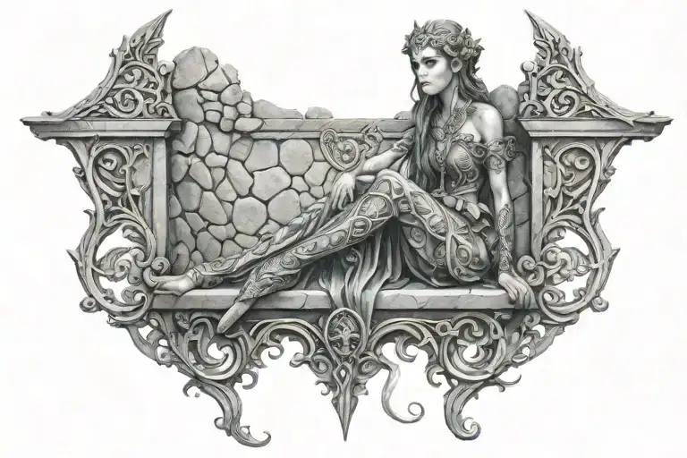 hyper realistic elven goddess sitting on stone wall tattoo design idea