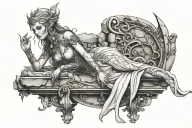 hyper realistic elven goddess sitting on stone wall tattoo design idea