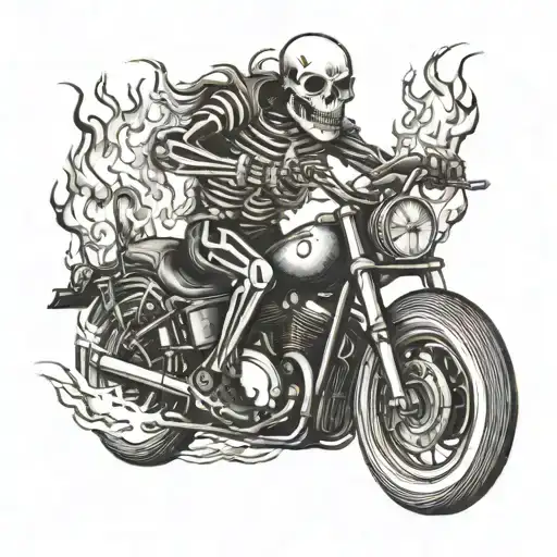 skeleton riding a motorcycle on fire tattoo design idea
