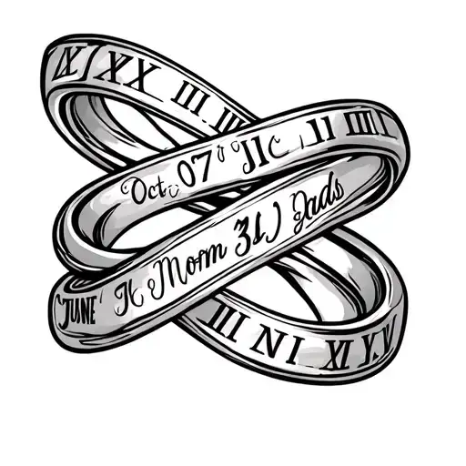 only line art in an infinity ring with mom and dads birthdays. Oct 17 and June 3 in Roman numerals tattoo design idea