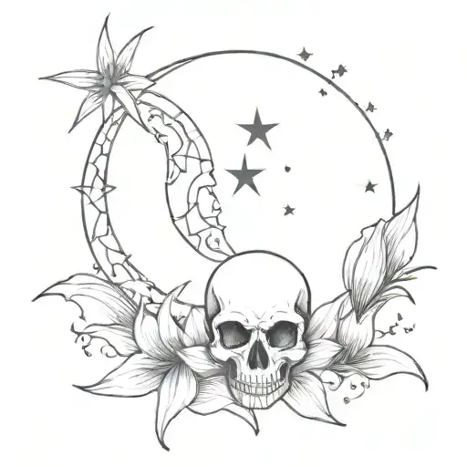 crescent moon with a skull at its center, creating a striking focal point. A spider lily pierces through with stars tattoo design idea
