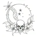 crescent moon with a skull at its center, creating a striking focal point. A spider lily pierces through with stars tattoo design idea
