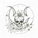 crescent moon with a skull at its center, creating a striking focal point. A spider lily pierces through with stars tattoo design idea