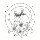 crescent moon with a skull at its center, creating a striking focal point. A spider lily pierces through with stars tattoo design idea