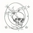 crescent moon with a skull at its center, creating a striking focal point. A spider lily pierces through with stars tattoo design idea