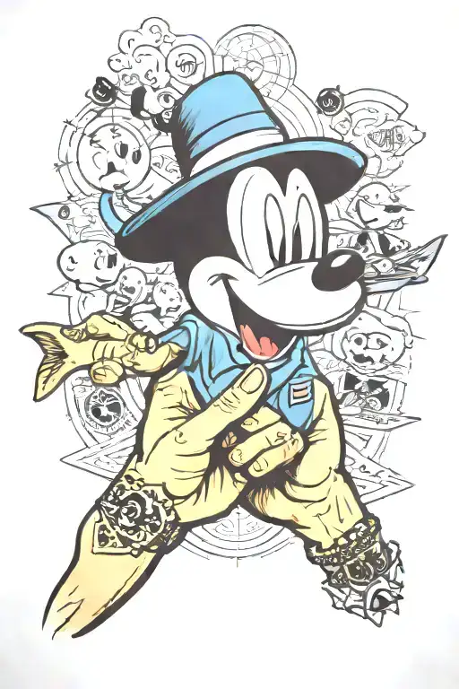 Mickey Mouse finger gun, Bob-omp WWII bomb shark,monopoly man gold, shut the fuck up,trust no one, allseeing eye cloud tattoo design idea