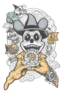 Mickey Mouse finger gun, Bob-omp WWII bomb shark,monopoly man gold, shut the fuck up,trust no one, allseeing eye cloud tattoo design idea