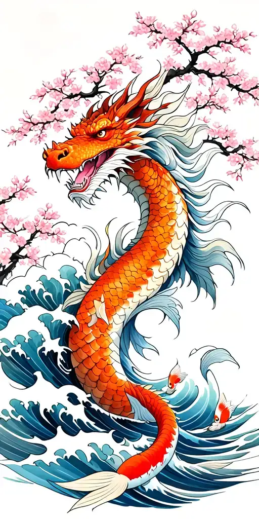 A fierce dragon emerging from the ocean waves with cherry blossom trees in the background with koi fish tattoo design idea
