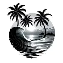 palm trees , wave,  beach, sunset,  surf style tattoo design idea