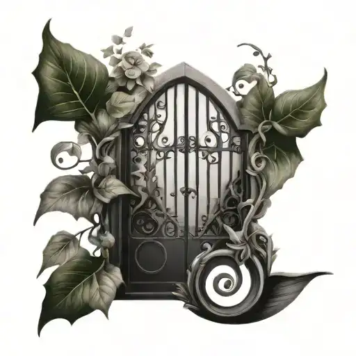 garden gate, ivy, stone, nature tattoo design idea