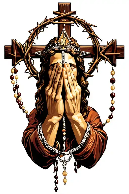 jesus' pierced hands in the praying position holding rosary with INRI on the fingers & crown of thorns on back of hand tattoo design idea