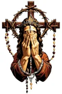 jesus' pierced hands in the praying position holding rosary with INRI on the fingers & crown of thorns on back of hand tattoo design idea