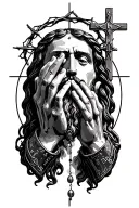 jesus' pierced hands in the praying position holding rosary with INRI on the fingers & crown of thorns on back of hand tattoo design idea