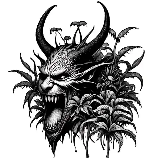 A menacing demon face surrounded by a garden of carnivorous plants tattoo design idea