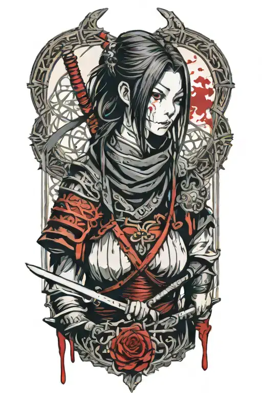 samurai girl dark souls with blood on her face tattoo design idea