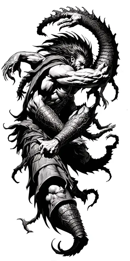 very strong warrior fighting off lots demons crawling up my arm and winning. the warrior will be at the top of my arm tattoo design idea