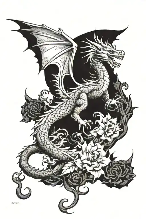 dragon ascending fighting angel, fractal, flower tattoo design idea