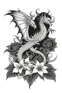 dragon ascending fighting angel, fractal, flower tattoo design idea