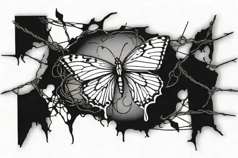 butterfly and barbed wire wrapped tattoo design idea