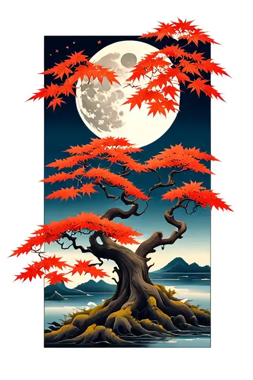 Japanese maple tree with leaves moon tattoo design idea