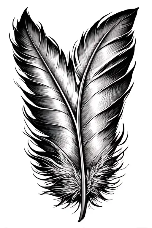 Create a fine-line, black-and-grey tattoo. At the center, a stylized quill forms a vertical axis. The feather is made of tattoo design idea