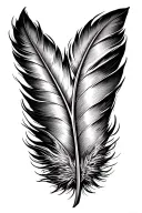 Create a fine-line, black-and-grey tattoo. At the center, a stylized quill forms a vertical axis. The feather is made of tattoo design idea