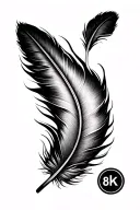 Create a fine-line, black-and-grey tattoo. At the center, a stylized quill forms a vertical axis. The feather is made of tattoo design idea